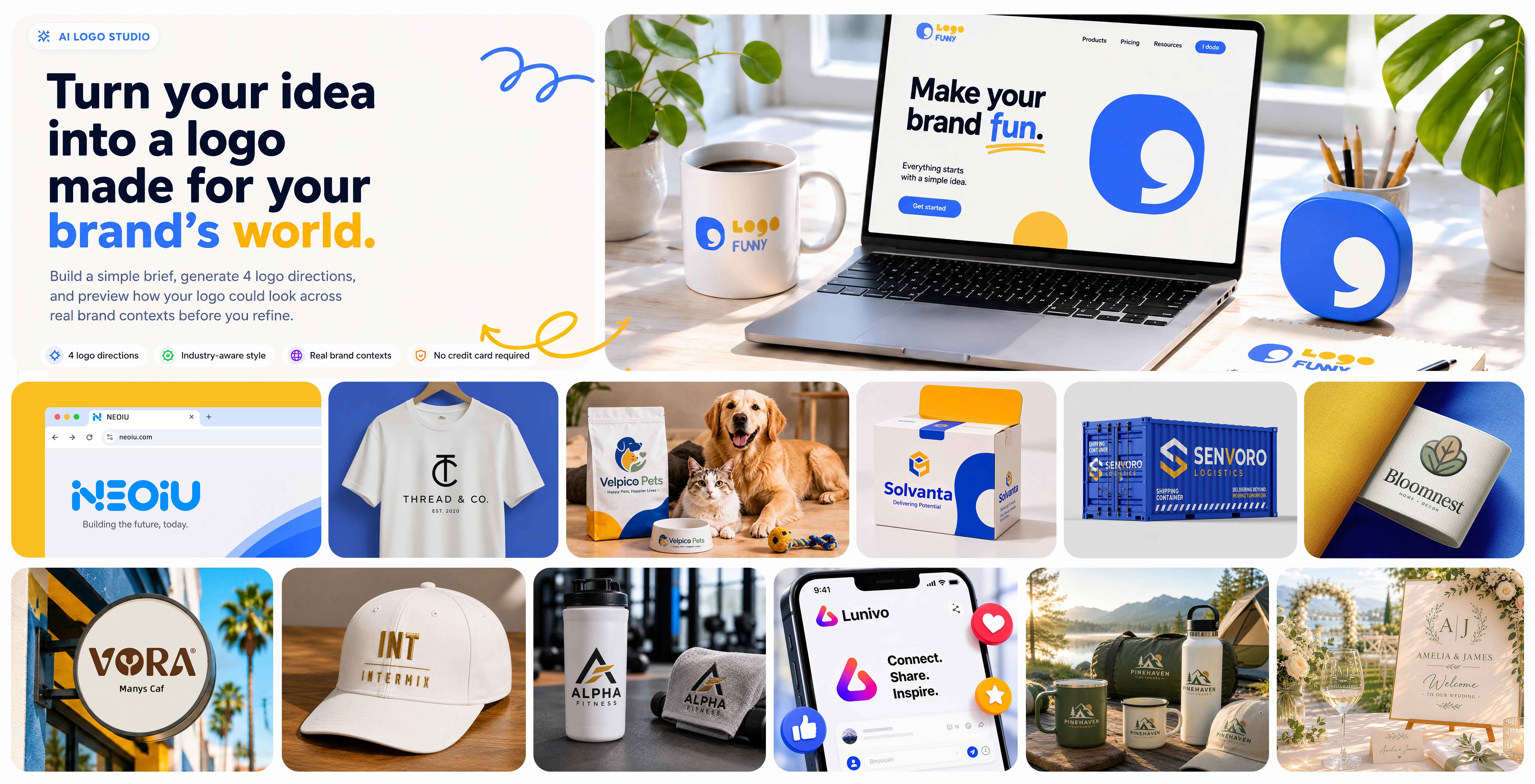 LogoFunny AI logo generation preview across real brand contexts