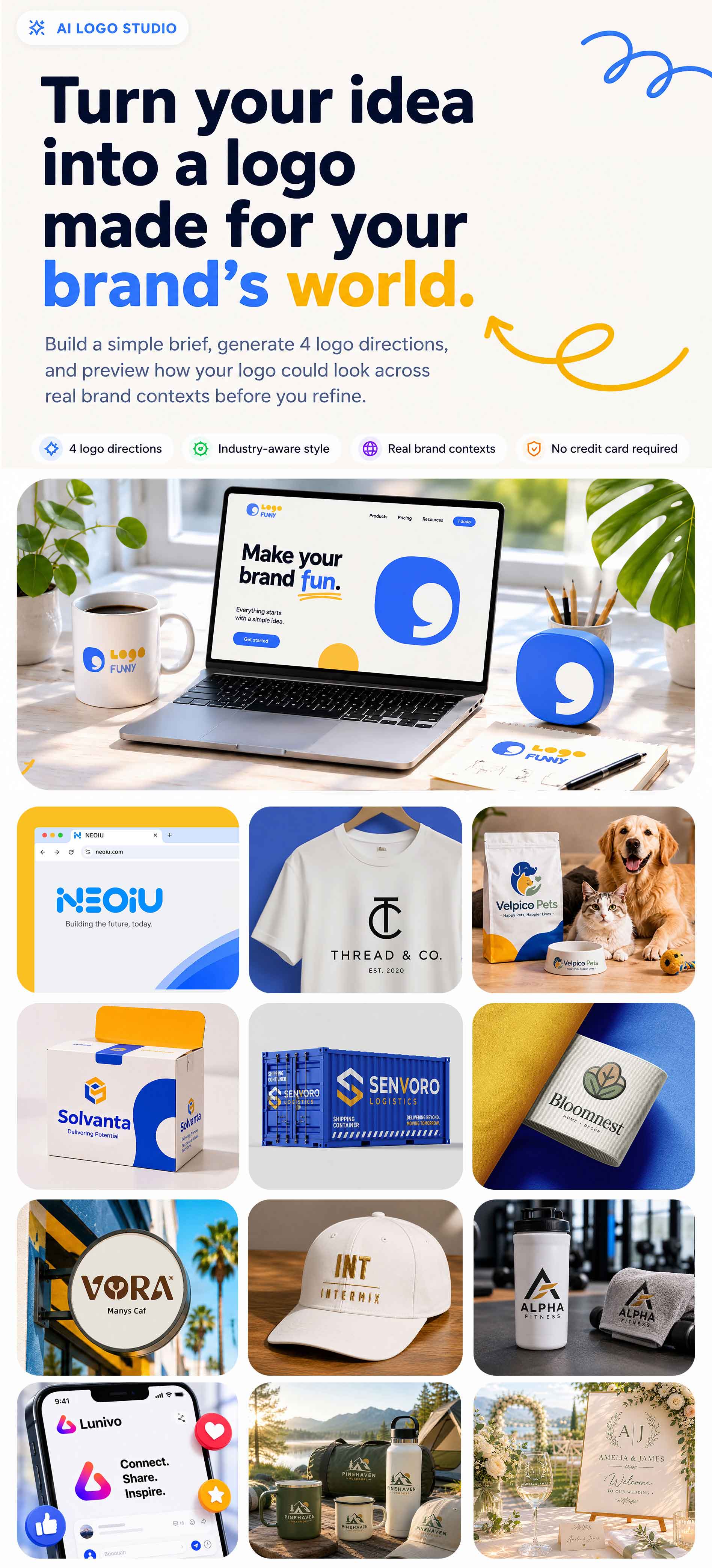 LogoFunny AI logo generation preview across real brand contexts